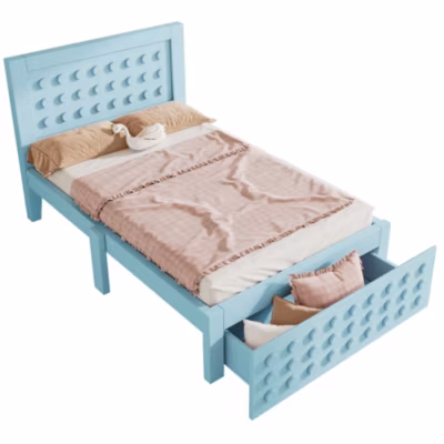 Lit 90×200 cm avec tiroir de rangement et grand espace sous-lit, cadre en bois bleu au design bloc créatif