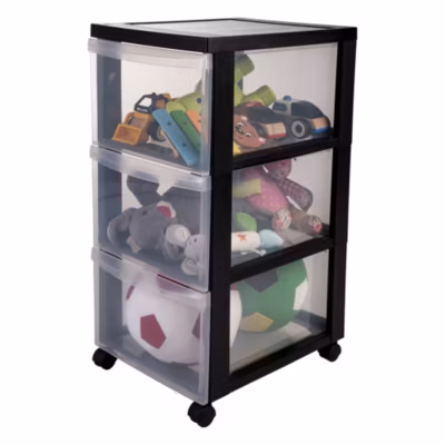 Tour de rangement plastique sur roulettes A4, 3 Grands Tiroirs, Noir, DC-303, Iris Ohyama