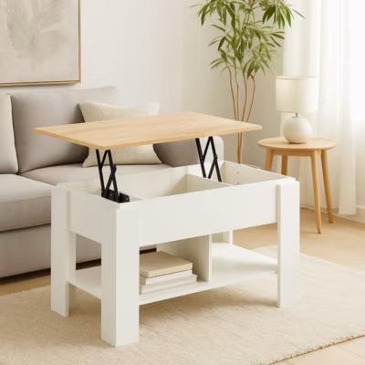 URBAN MEUBLE Table basse blanche avec plateau relevable et rangement intégré