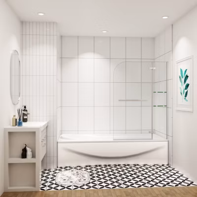 pare baignoire 100x140cm paravent pivotant avec porte-serviette en inox et 2 étagères,5mm verre de sécurit,facile à pose