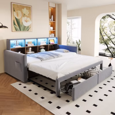 Lit Gigogne 90×190 cm – Lit Capitonné avec LED, 2 Tiroirs et Compartiments pour Enfant – Velours, MDF, Gris Clair – sans Matelas