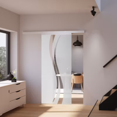 Porte coulissante complète verre Schulte – 88×203 – Porte vitrée – Décor Vagues -Transparent – Softclose – Poignée bouton