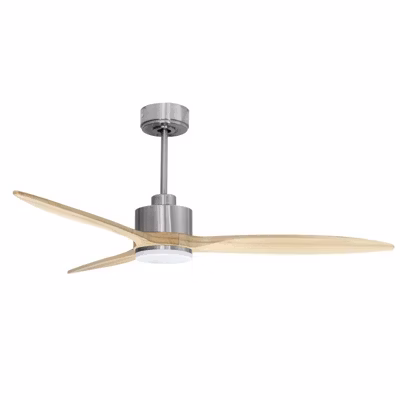 Modulo slim – Super destratificateur et ventilateur DC 132 cm  Chrome pales bois clair avec Lumière 25 à 35 m²