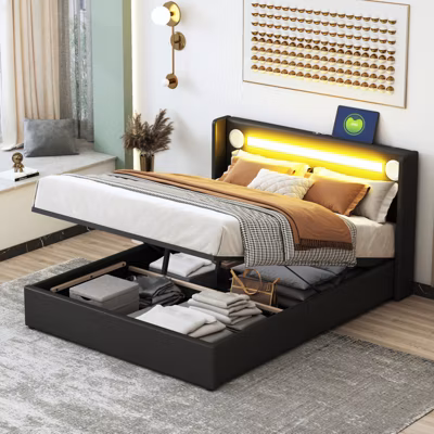 Lit double 140×200 cm en similicuir noir avec LED, lecteur Bluetooth, ports USB et rangement, lit pratique et moderne