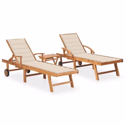 vidaXL Chaises longues 2 pcs avec table et coussin Bois de teck solide 3073173