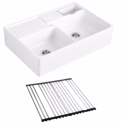 Evier timbre d&rsquo;office VILLEROY ET BOCH Tradition 2 bacs 89,5 x 63 céramique vidage manuel blanc + Egouttoir déroulable