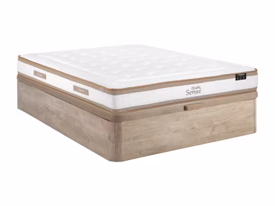 Ensemble 140 x 190 cm sommier coffre naturel clair + matelas hybride ressorts ensachés 7 zones et mousse à mémoire de forme