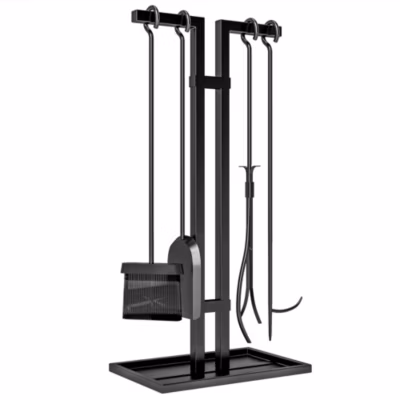 Serviteur de cheminée moderne 5 pièces – balai, pelle, pince, tisonnier, support – métal noir