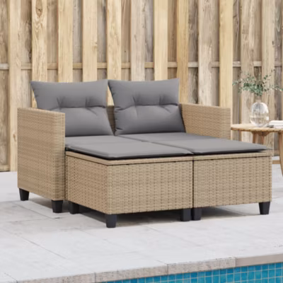 ZMH Canapé De Jardin 2 Places Avec Tabourets Beige Résine Tressée