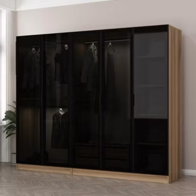 Armoire penderie 5 portes verre et cadre effet noyer BYRON