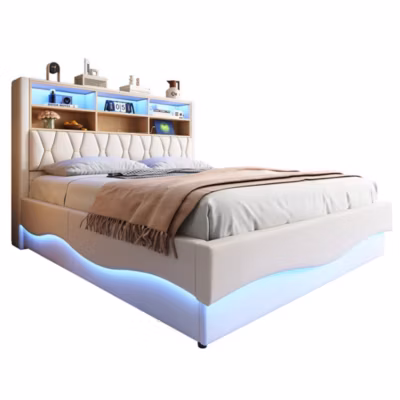 Lit 180x200cm, LED app, USB, rangement hydraulique, sommier lattes, lin beige