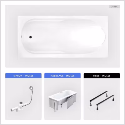 Baignoire rectangulaire – 160 x 70 cm – avec Habillage – Pieds – Vidage Chrome – BONA