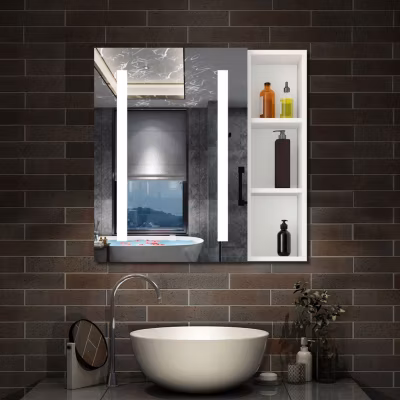 Armoire de toilette avec Miroir LED et Étagère Latérale, Anti-Buée, Éclairage 3 Couleurs + Prise, Blanc 80×70 cm