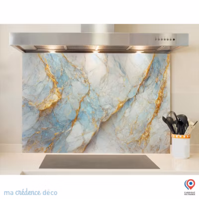 Crédence cuisine fond de hotte Marbre doré 3 – Verre trempé – L 70 cm x H 60 cm – MaCrédenceDéco