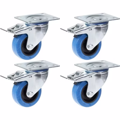 Roulettes pivotantes de 80 mm (3 pouces) en caoutchouc bleu avec frein, capacité de charge élevée (560 kg), lot de 4