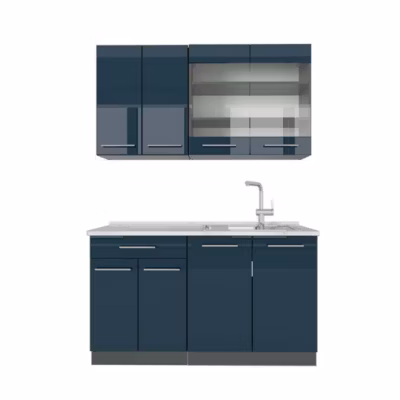 Vicco Cuisine pour une personne Bleu foncé brillant/Anthracite 140cm , PT Marbre