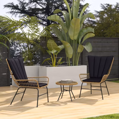 Salon de Jardin 3 Pièces-Bistro Extérieur 2 Chaises en Rattan Synthétique Table Ronde en Verre Trempé, Terrasse/Balcon, Acier Noir