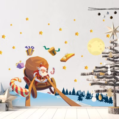 Sticker Noël le père noël à la recherche des cadeaux – Autocollants stickers adhésifs noël – décoration fêtes – 90x135cm