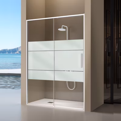 Paroi de douche coulissante DELTA – Blanc – Sérigraphié – 131-133.6 cm – Fermeture amortie – Réversible – Anticalcaire