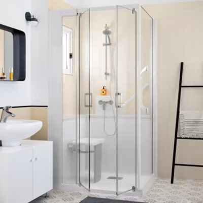 Cabine de douche d&rsquo;angle KINEDO KINEMAGIC DESIGN 100X70 habillage toute hauteur 1 porte pivotante verre transparent avec mitigeur