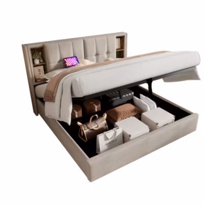 Lit 140×200 cm coffre de rangement sommier relevable avec tête de lit tapissée lin et station de charge