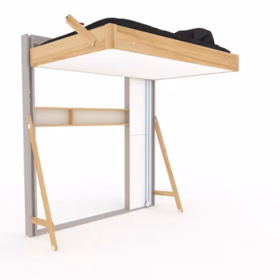 Lit escamotable au plafond JUNO horizontal étagère 140×200 cm pin encadrement cachemire MAFAEL