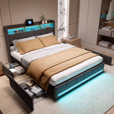 Lit 160×200 Sommier LED et 2 USB, Type-C, Lit Capitonné Lit Double avec 4 Tiroirs, Lin, Gris