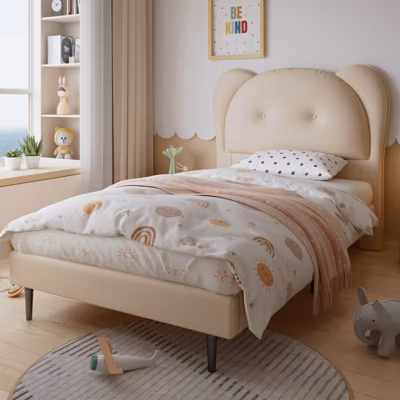 Lit enfant 90×200 cm en cuir PU, tête de lit en forme de animal, cadre métallique solide avec sommier à lattes, Beige