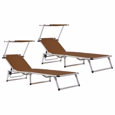 Chaise longue – vidaXL – Pliable – Aluminium textilène – Dossier et auvent réglables – 2 pcs