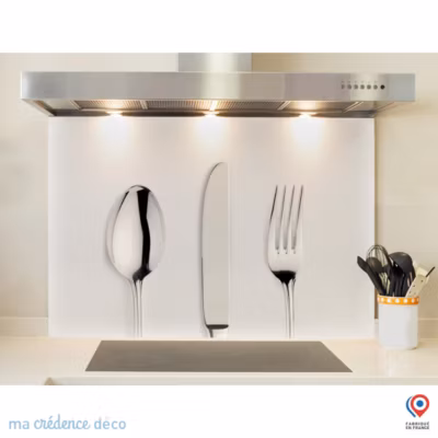 Crédence cuisine fond de hotte Couverts sur fond blanc – Verre trempé – L 90 cm x H 50 cm – MaCrédenceDéco