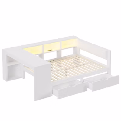 Lit plateforme bois 140x200cm blanc, LED+recharge+tiroirs