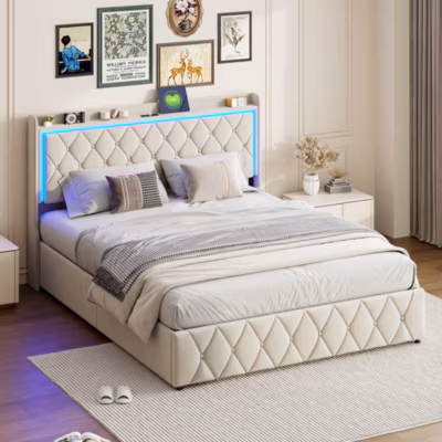 Lit Coffre 160×200 Cm, Lit Capitonné Avec Rangement Et USB De Type C, LED, Velours, Beige