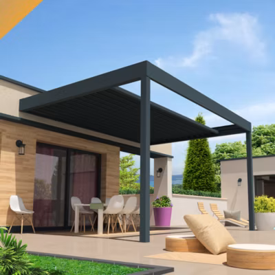 Pergola rétractable HYLIA 5,00×5,213 M Motorisé à Télécommande (Mixte – Armature gris anthracite, lames blanc)