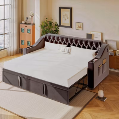 Lit 90×190 cm convertible en 180×190 cm avec rangements intégrés, accoudoirs coffre et revêtement velours gris