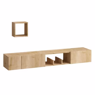 Meuble TV suspendu 1 niche 3 portes et 1 étagère murale décor chêne saphir L180 cm – Avior