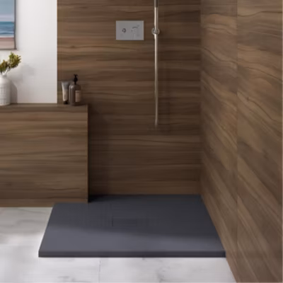 Receveur de douche Kinedo Kinerock Evo 100×100 gris anthracite, texture minérale avec grille assortie et bonde extra-plate