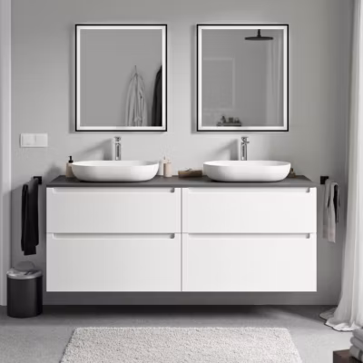 Meuble sous vasque suspendu MDF Blanc mat, plan vasque Anthracite mat, tiroirs pivotants – 160x46x62cm – VIREO