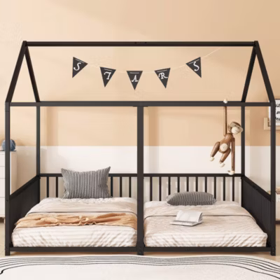 Lit Métal 90x200cm, Maison, Rampe, Échelle, Design Double, Sans Matelas, Noir