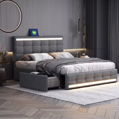 Lit double 140×200 cm tissu gris avec LED, 4 tiroirs et 2 ports USB, Cadre tête et pied LED, lit plateforme avec rangement