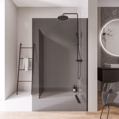2 Parois de douche italienne d&rsquo;angle 140x200cm + 70cm, verre fumé NANO 10mm, profilé mural inox noir mat, sans profilé sol – EX102