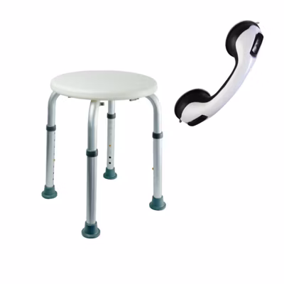 Tabouret de douche PMR PELLET Essentiel rond hauteur réglable + Barre à ventouse de maintien PMR PELLET 30 cm