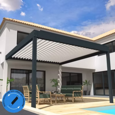 Pergola Bioclimatique COCOON XL perpendiculaire Mixte Gris anthracite / Blanc 6,015×4,50m Ouverture anti-horaire