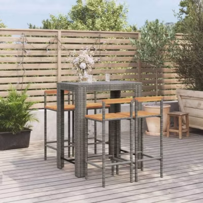 vidaXL Ensemble de bar jardin 5 pcs gris poly rotin/bois massif acacia, ensemble de table de bar, table et chaise de bar de 318771
