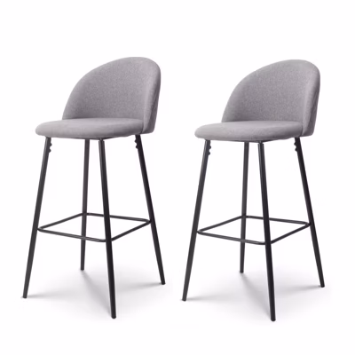 Lot de 2 chaises de Bar Design Moderne avec Dossier   Tabouret Haut en Tissu Gris et Pieds Métal Noir   Hauteur 76 cm