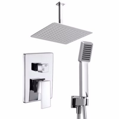 Robinet de douche encastré, montage au plafond, monocommande, carré CASI, finition chrome poli, en laiton Kibath