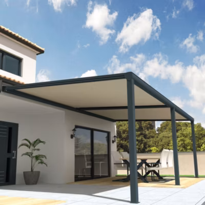 Pergola toile SUNLIGHT Gris anthracite – 5,00×3,00m (Motorisé à télécommande secours + Kit LED 1 coté – Ecru)