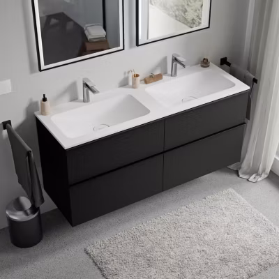 Meuble vasque suspendu MDF Noir mat, lavabo fonte Blanc mat + trou robinet, poignée Noir mat – 120x46x62cm – LAVOA