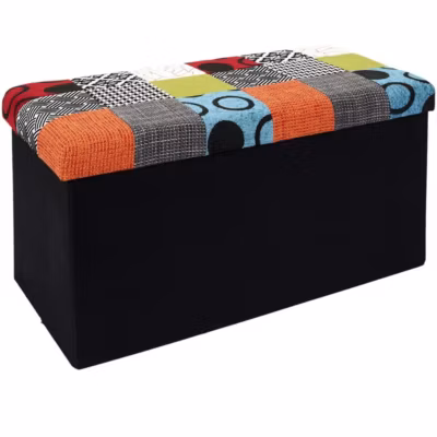 Banc coffre noir pliable couvercle à motifs Patchwork multicolore