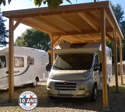 Carport toit plat 500cmx750cm bois DOUGLAS français (charpente – auvent – abri camping-car). 38 m². Garantie 10 ans.