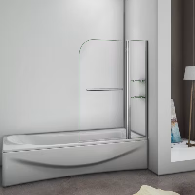 Pare baignoire chromé pivotante L.100 x 140 cm avec 2 étagères – 6mm verre sécurité – solution pratique, élégante